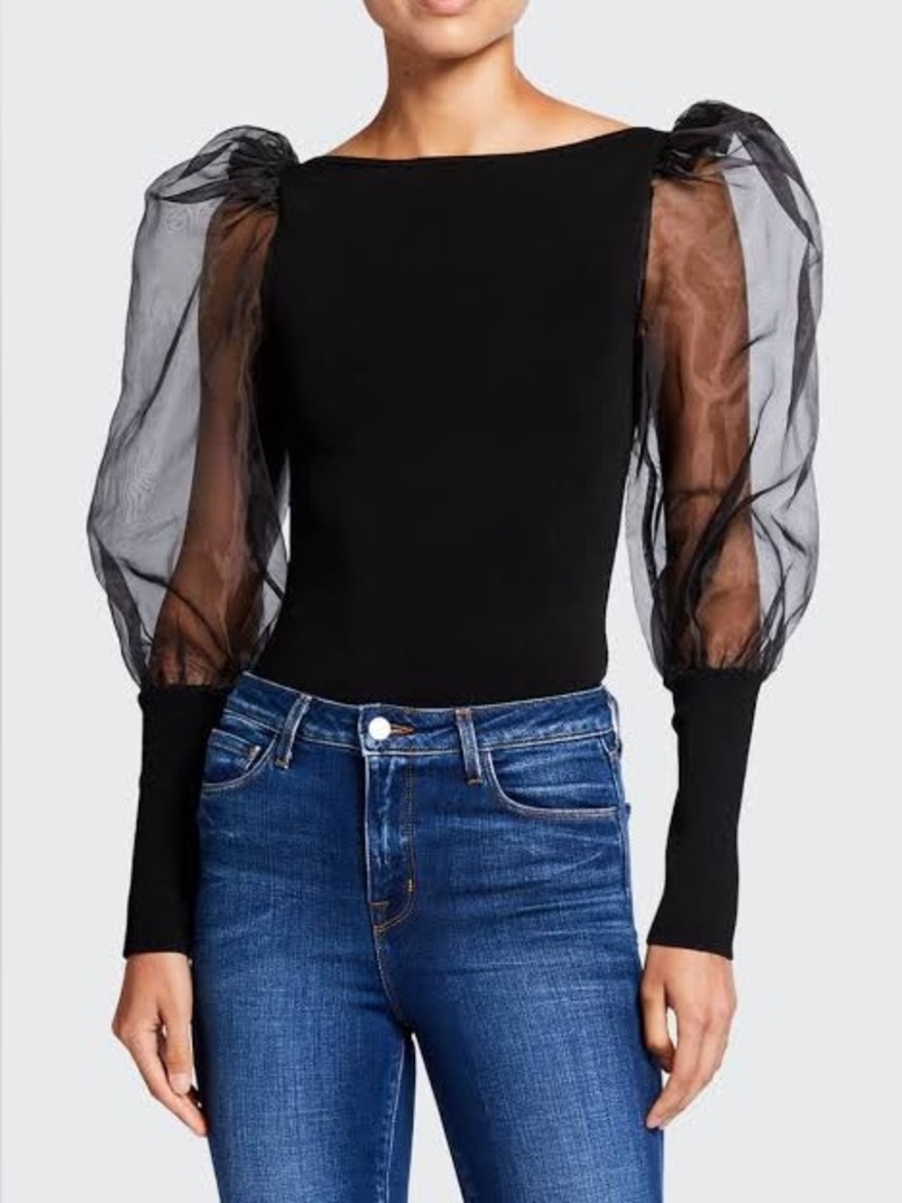 Alice + Olivia Abella Puff Sleeve Boat-Neck Sweater Black Small